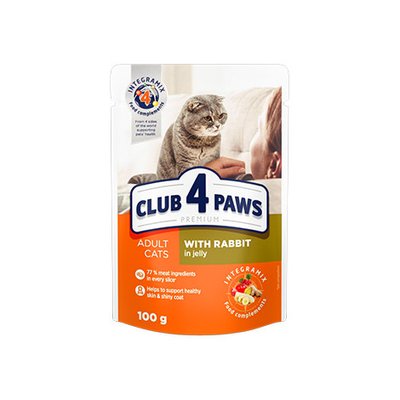 CLUB 4 PAWS ПРЕМІУМ пауч кролик в желе дорослі коти 0,1 кг 1579337040 фото