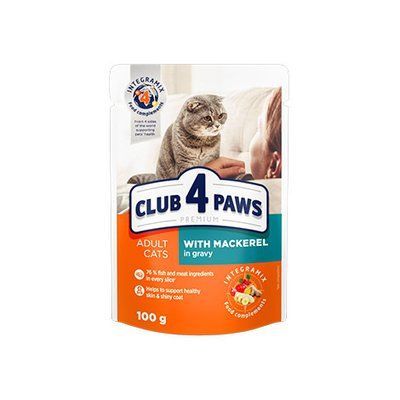 CLUB 4 PAWS ПРЕМІУМ "З МАКРЕЛЛЮ В СОУСІ". ПОВНОРАЦІОННИЙ КОНСЕРВОВАНИЙ КОРМ ДЛЯ ДОРОСЛИХ КОТІВ 100г * 1579346416 фото