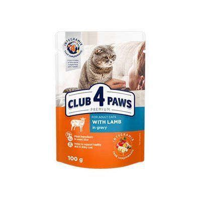 CLUB 4 PAWS ПРЕМІУМ "З ЯГНЯМ В СОУСІ". ПОВНОРАЦІОННИЙ КОНСЕРВОВАНИЙ КОРМ ДЛЯ ДОРОСЛИХ КОТІВ. 100 г * 1579349531 фото