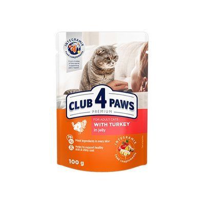 CLUB 4 PAWS ПРЕМІУМ "З ІНДИЧКОЮ В ЖЕЛЕ". КОРМ ДЛЯ ДОРОСЛИХ КОТІВ. 100 г* 1579351922 фото