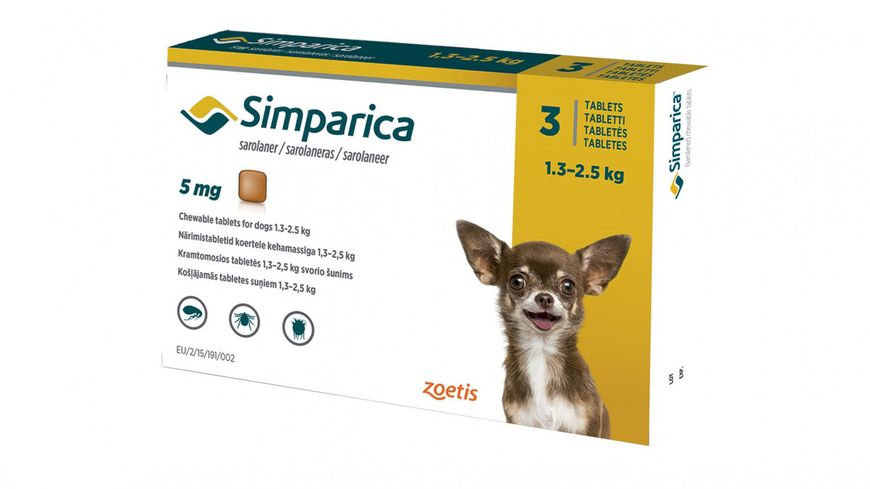 Simparica (Симпарика) 3 таблетки от блох и клещей для собак 1, 5 мг / 1,3-2,5кг 1531986300 фото