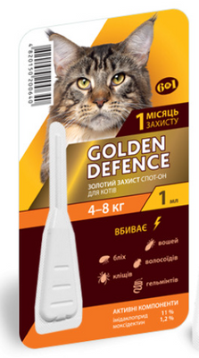 Золотий захист для кішок 4 - 8 кг Golden Defence краплі від бліх і кліщів, 1 піпетка 1817783641 фото