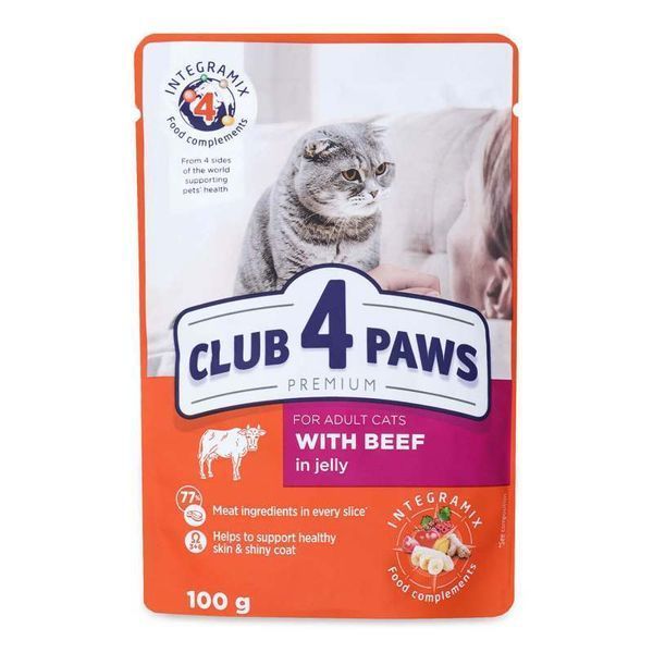 CLUB 4 PAWS ПРЕМІУМ "С ТЕЛЯТИНОЙ В СОУСЕ". ПОЛНОРАЦИОННЫЙ КОНСЕРВИРОВАННЫЙ КОРМ ДЛЯ ВЗРОСЛЫХ КОТОВ 80г 1572069676 фото