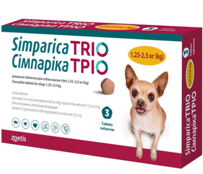 Симпарика ТРИО жевательные таблетки для собак 1,25-2,5 кг, 3 таблетки. 1818531189 фото