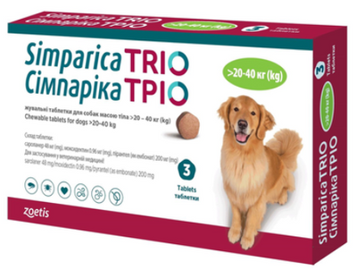 Симпарика ТРИО жевательные таблетки для собак 20-40 кг, 3 таблетки 1818617554 фото