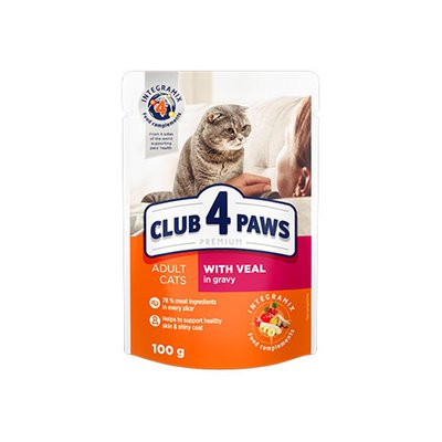 CLUB 4 PAWS ПРЕМІУМ cелекшн пауч телятина овочевий соус дорослі коти 0,08 кг 1573349167 фото